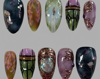 Vintage Gothic Press-On Nails | Dark Cottagecore Watercolors & Dried Flowers 3D Art | Antique Jewel Almond Set