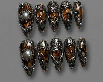 Handmade Press On Nails | Dark Gothic Mystical Art | Moon Hare, Anubis & Sacred Heart | Luxury 3D Custom Nails