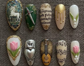 Handmade Medieval Unicorn Press On Nails | 3D Tulip & Sacred Heart Art | Luxury Vintage Sheet Music And Dagger Almond Set