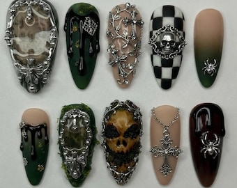 Handmade Press On Nails | Dark Gothic Skull & Cross | Silver Charms, Spider Drip Mossy Green Nails Set