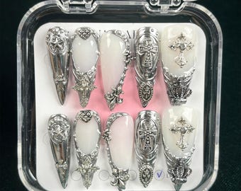 Handmade Gothic Cross Press On Nails | 3D Silver Armor, Royal Crowns & Intricate Cross Charms | Stiletto Nails For Elegant Punk Vibe