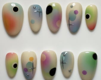 Handmade Abstract Minimalist Press On Nails | Colorful Circles, Gradient Pastels, Cross Lines & Modern Art Accents | Almond Nails For Artsy