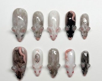 Handmade Press On Nails | Cute 3D Rats & Mice | Sculpted Ears And Tails, Hand Painted Fur Patterns, Kawaii Pet Rodent Costume Nails Set