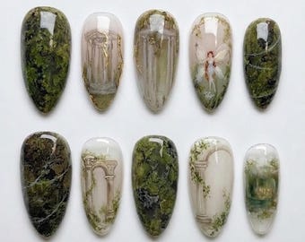 Handmade Press On Nails | Enchanted Forest Fairycore | Hand-Painted Mossy Woods & Ancient Ruins Art Set