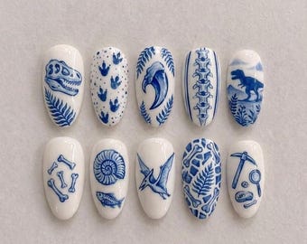 Handmade Press On Nails | Blue Porcelain Paleontology Aesthetic | Detailed Dinosaur Fossils & Skeletal Museum Art Set