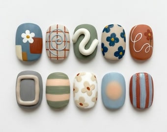 Handmade Press On Nails | Organic Abstract Mismatched | 3D Sculpted Shapes, Matte Retro Florals, Grid & Color Block Set