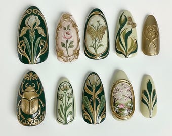 Handmade Art Nouveau Emerald Press On Nails | Gold Scarab & Butterfly Art | Dark Academia Almond Set
