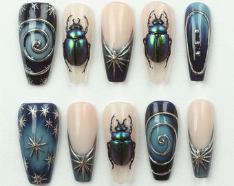 3D Beetle Press On Nails: Metallic Galaxy Coffin Nail Art With Stars And Spider Webs