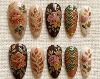 Handmade Vintage Garden Press On Nails | Hand-Painted Floral & Leaf Art | Brown And Nude Seigaiha Wave Pattern Nail Set