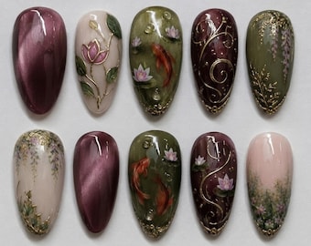 Handmade Press On Nails | Oriental Koi Pond | Hand Painted Koi Fish, Water Lilies, Plum Cat-Eye, Wisteria & Ornate Gold Linework Set