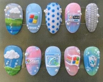 Y2K Tech Press On Nails, Retro Computer Nails, 2000s Nostalgia PC Nails, Cyber Aesthetic Press Ons