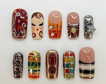 Retro Pop Art Press-On Nails | Vintage Portrait & Metallic Silver Charms.