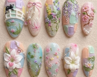 Handmade Press On Nails | FairycoreGarden | 3D Water Lilies, Hanging Wisterias, Miniature Black Cat, Pastel Plaids & Pearl Charms Set