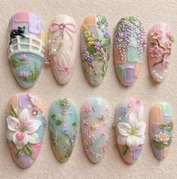 Handmade Press On Nails | Fairycore Garden | 3D Water Lilies, Hanging Wisterias, Miniature Black Cat, Pastel Plaids & Pearl Charms Set