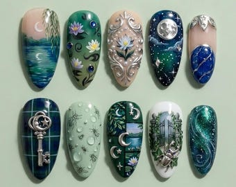 Handmade Press On Nails | Moonlight Secret Garden | 3D Silver Key, Water Lily, Moonlit Willow & Bettle Inlay Set