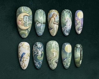 Handmade Mythical Fairy Tale Nails | 3D Crescent Moon, Unicorn & Swan Art Press On