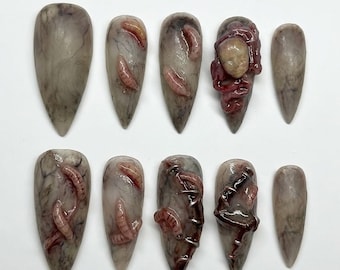 Uñas postizas hechas a mano | Estética de terror hiperrealista y gore | Set de arte con gusanos, carne, puntos quirúrgicos y embriones de zombi en 3D