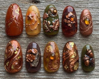 Autumn Woodland Press On Nails | 3D Acorn Pinecone Oak Leaf Amber Gem Copper Bronze Metallic Fake Nails