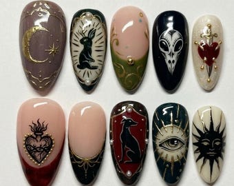 Handmade Press On Nails | Dark Gothic Mystical Art | Moon Hare, Anubis & Sacred Heart | Luxury 3D Custom Nails