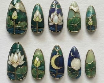 Handmade Stained Glass Nails | Lotus & Crescent Moon Cathedral Press On