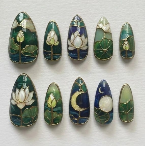 Handmade Stained Glass Nails | Lotus & Crescent Moon Cathedral Press On