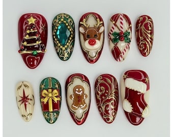 Regal Red & Gold Christmas Nails | Vintage 3D Reindeer Gingerbread And Gemstone Press Ons