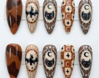 Vintage Halloween Black Cat & Bat Press On Nails | Brown Celestial Moon Checker Fake Nails