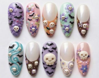 Cute Pastel Halloween Press On Nails | 3D Skull Flower Bat French Tip Pastel Goth Fake Nails