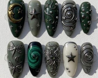 Handmade Press On Nails | Gothic Celestial Aesthetic | 3D Oxidized Silver Stars, Crescent Moon & Deep Moss Green Malachite Set