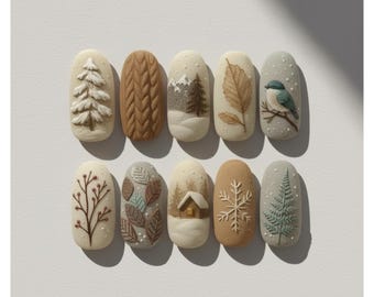 Cozy Winter Forest Press Ons: Matte Knit, Woodland Birds & Sculpted Leaves Art