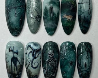 Handmade Press On Nails | Dark Horror Creepypasta | 3D Horror & Skeleton Forest Nails Set