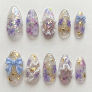 Sweet Coquette Lavender Nails: Dried Hydrangea Flowers, 3D Ruffle Frames, Blue Ribbons & Gold Foil Whimsical Design