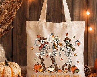 Fall Breeze and Autumn Leaves Tote Bag, Western Dancing Skeleton Canvas Bag, Cowboy Skeleton Fall Tote, Halloween Pumpkin Autumn Bag, T588