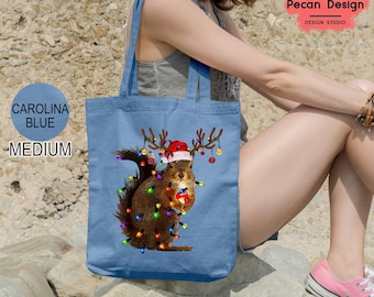 Christmas Squirrel Tote Bag, Funny Holiday Reindeer Antler Bags, Eco Friendly Reusable Shopping Bag, Xmas Gift for Animal Lovers, T411