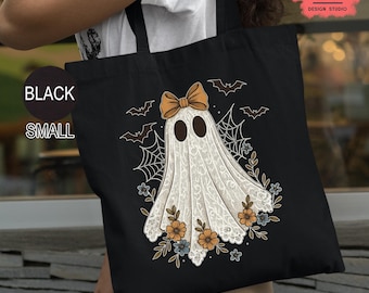Vintage Lace Ghost Tote Bag, Vintage Halloween Tote Bags Gift Idea, Spooky Ghost Tote Bag, Retro Funny Halloween Shopping Bags, T350