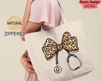 Nurse Leopard Print Bow Tote Bag, Coquette Nurse Bag, Stethoscope Bow Tote, Cute Nurse Bag, Medical Worker Gift, Registered Nurse Bag T203