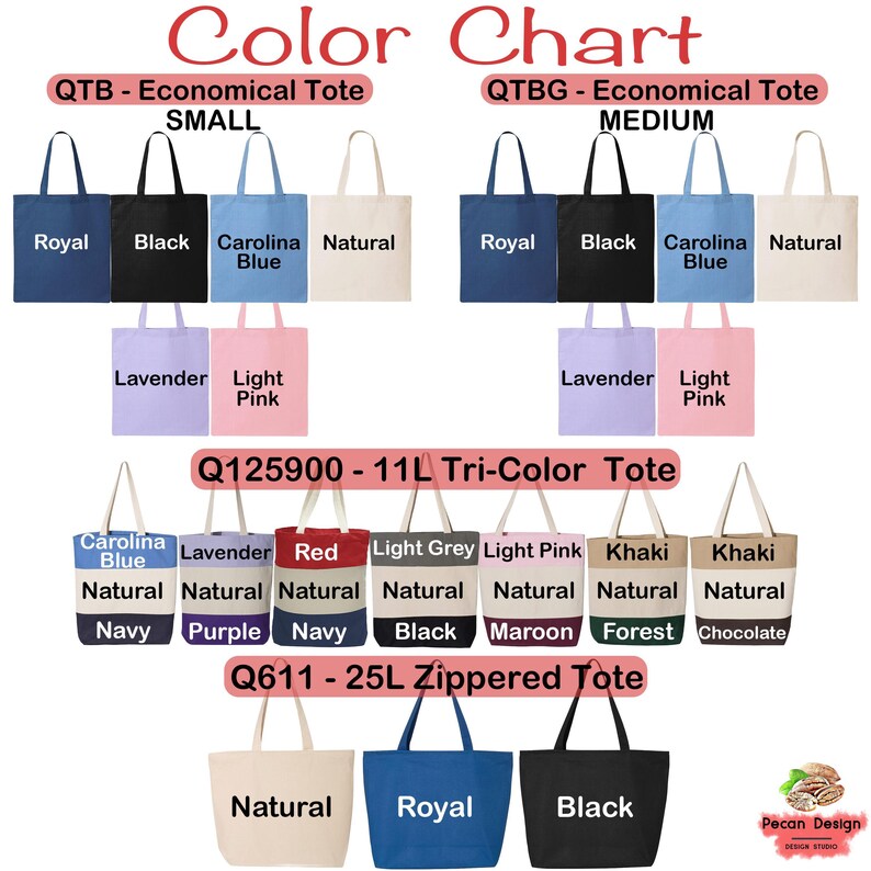 a color chart for various types of tote bags, including an economical tote, a tri-color tote, and a zipped tote.