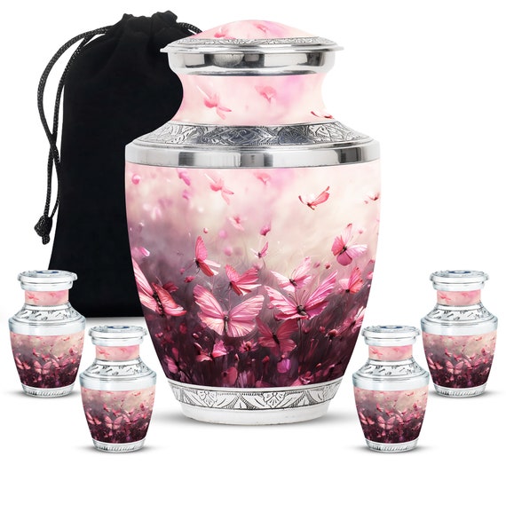 Pink Butterfly Large Urn for Human Ashes, Decorative Memorial Keepsake, Custom Cremation Urn, Modern Adult Ashes Urn, 200 Cubic Inch Urn Ash