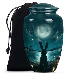 May include: A teal blue ceramic urn with a black velvet bag. The urn features a moonlit scene with a rabbit silhouetted against the moon and fireflies in the grass.