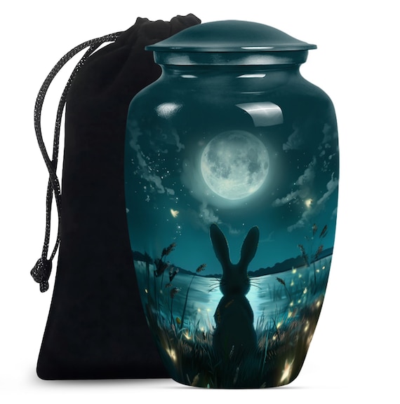 Moonlit Night Rabbit Cremation Urn: Unique Memorial Urn for Human Ashes; Artistic Keepsake and Large Sizes; Customizable Night Sky Bunny Urn