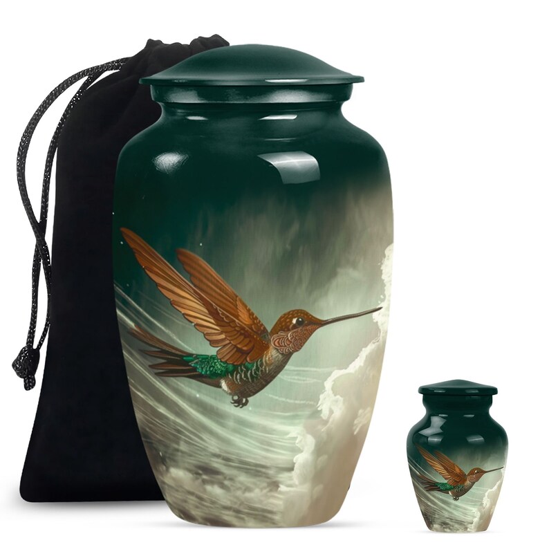Peaceful green hummingbird urn symbolizing joy and beauty.