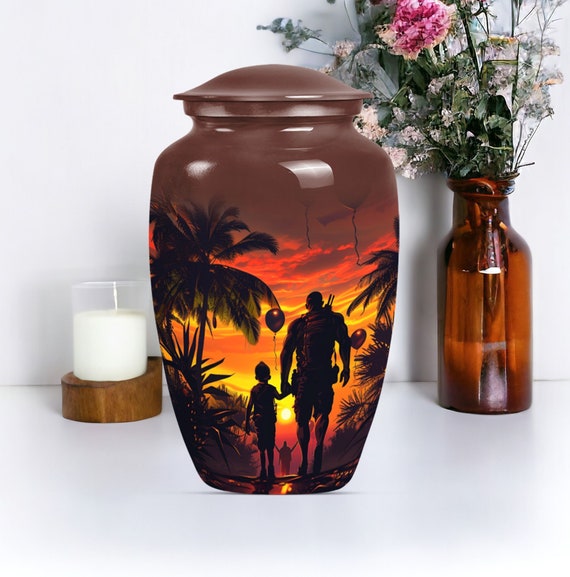 Sunset Walk Urn for Human Ashes keepsake Urn for dad, Cremation Urn for Adult Father Son Urn Aluminum 10” Large Urn and 3” Memorial Urn Ash