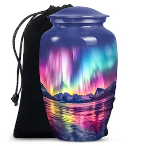 Northern Lights Aurora Borealis Scene Blue Urn for Ashes - 10" Handcrafted Decorative Memorial Urn for Adults, Artistic Mountain Landscape