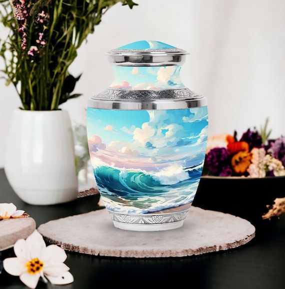 Handmade Urn with Tranquil Ocean Wave Customizable Memorial Urn for Human Ashes Keepsake Urn, Personalized Urn for Ashes, Large Decorative