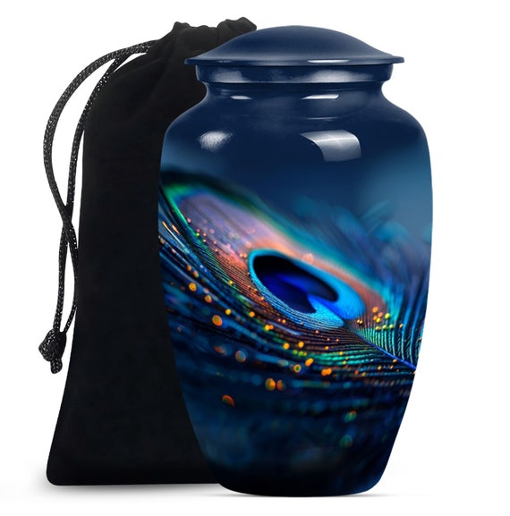 Elegant Peacock Feather Design Cremation Urn for Human Ashes, Customizable Memorial Urn and Large Decorative Urn for Male & female Ashes Urn