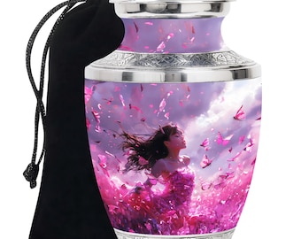 Pink Butterfly and Woman Urn for Ashes, Decorative Urns for Human Ashes Adult, Funeral Urn for Adults