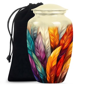 Colorful Feather Pattern Cremation Urn for Human Ashes, Customizable 10&quot; Large and Keepsake Sizes, Unique Decorative Urn for Adult Ashes