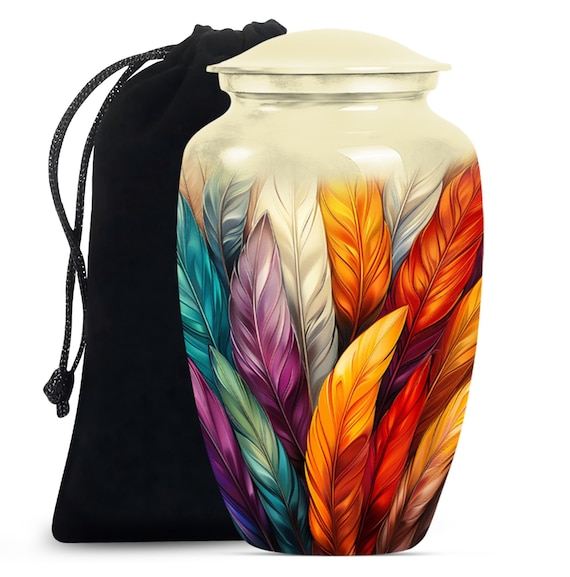 Colorful Feather Pattern Cremation Urn for Human Ashes, Customizable 10" Large and Keepsake Sizes, Unique Decorative Urn for Adult Ashes