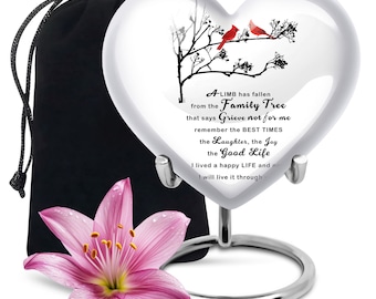 Heart-Shaped White Memorial Urn with Cardinal and Family Tree Poem, Small Keepsake Urn for Human Ashes, White Decorative Urn for Adult Ashes