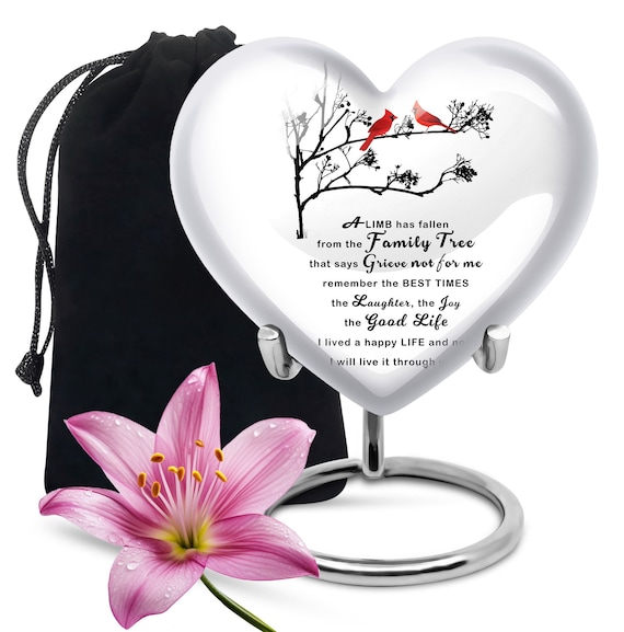 Heart-Shaped White Memorial Urn with Cardinal and Family Tree Poem, Small Keepsake Urn for Human Ashes, White Decorative Urn for Adult Ashes